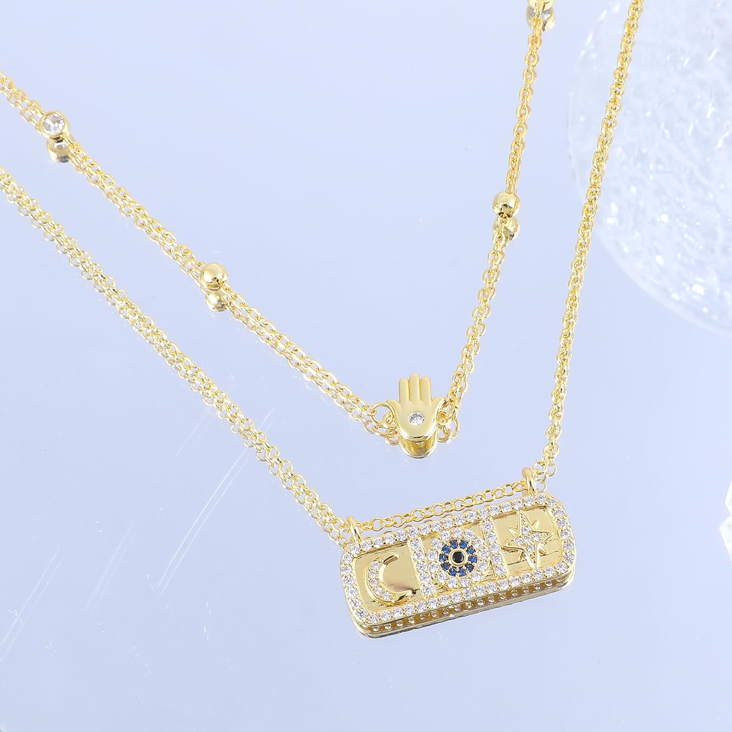 Layered Gold Rectangle Tag Pendant Necklace for Women 14K Gold Plated Cross Love Heart Butterfly Evil Eye Hamsa Hand Necklace with Cute Cubic Zirconia Symbol Charm Adjustable Trendy Jewelry Gift - Image 3