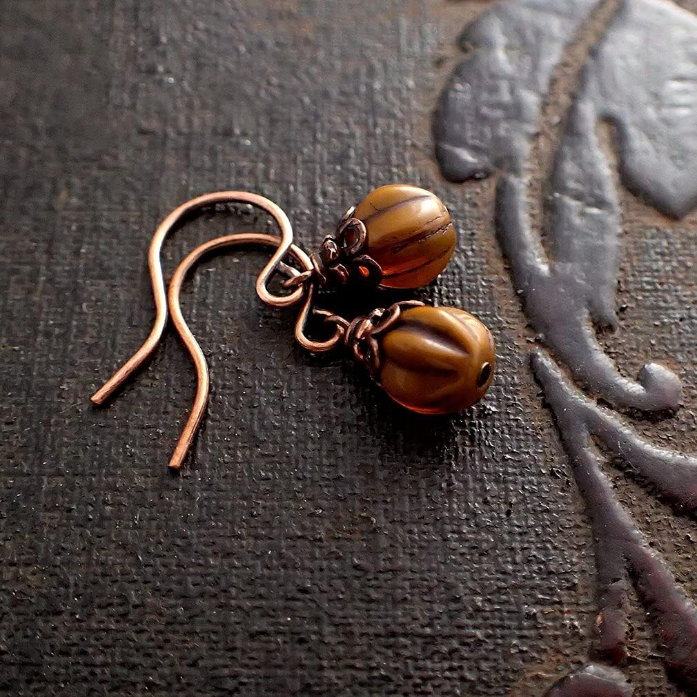 Tiny Rustic Pumpkin Harvest Earrings with Antiqued Copper Ear Wires