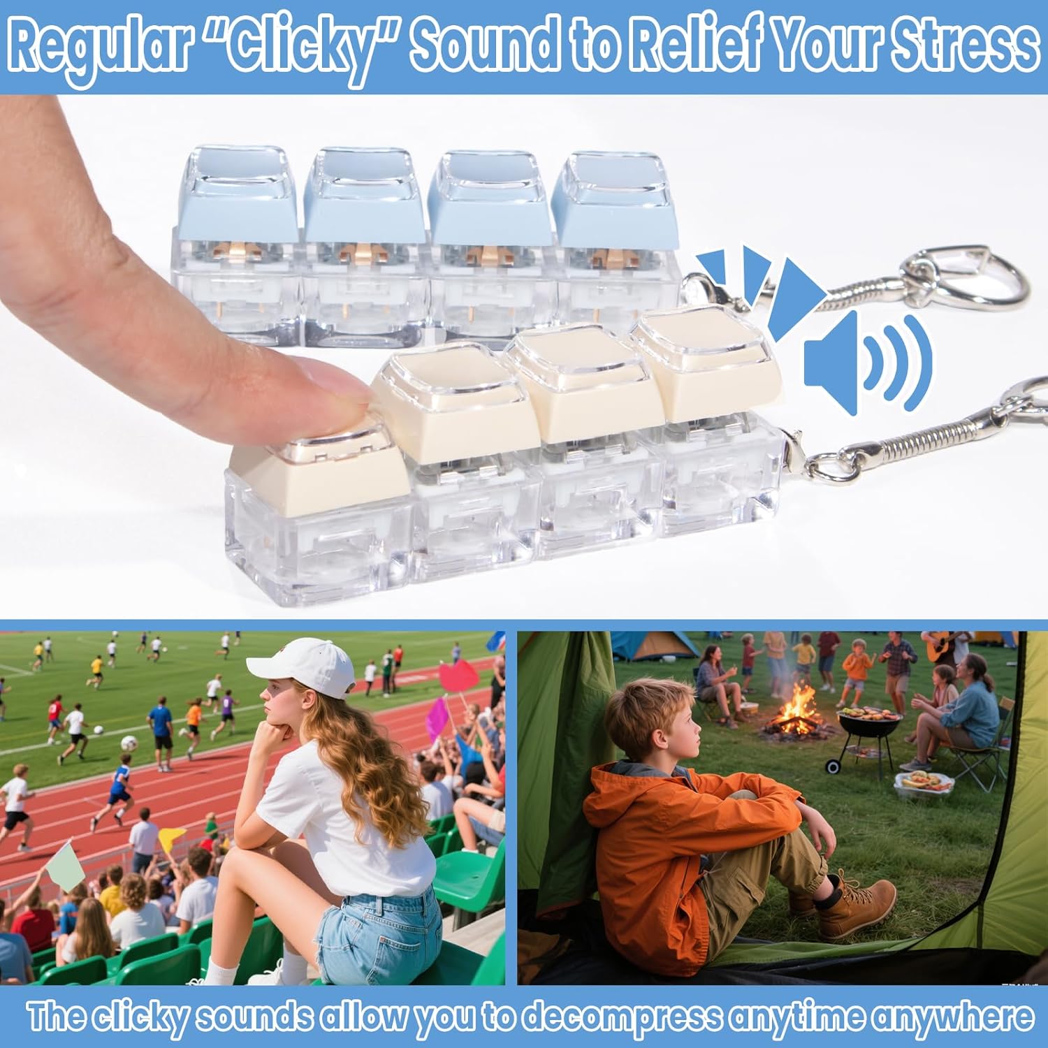 2 PCS Clicker Keyboard Fidget Toys for Adults to Relief Stress Anxiety, Yellow & Blue Portable Cute Fidget Keyboard Keychain for Bag, Office Desk Decompression Fidget Toys