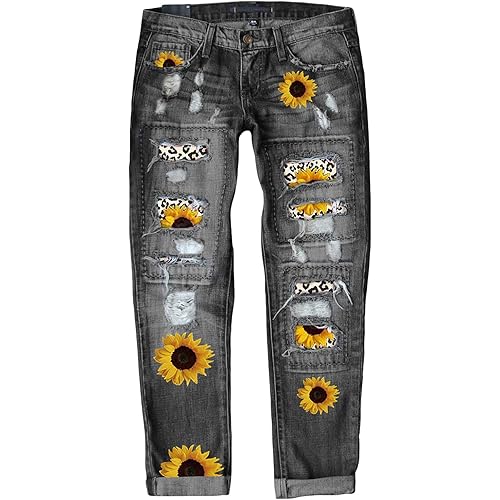 Astylish Womens Plaid Patch Ripped Boyfriend Distressed Stretch Skinny Denim Jeans with Hole