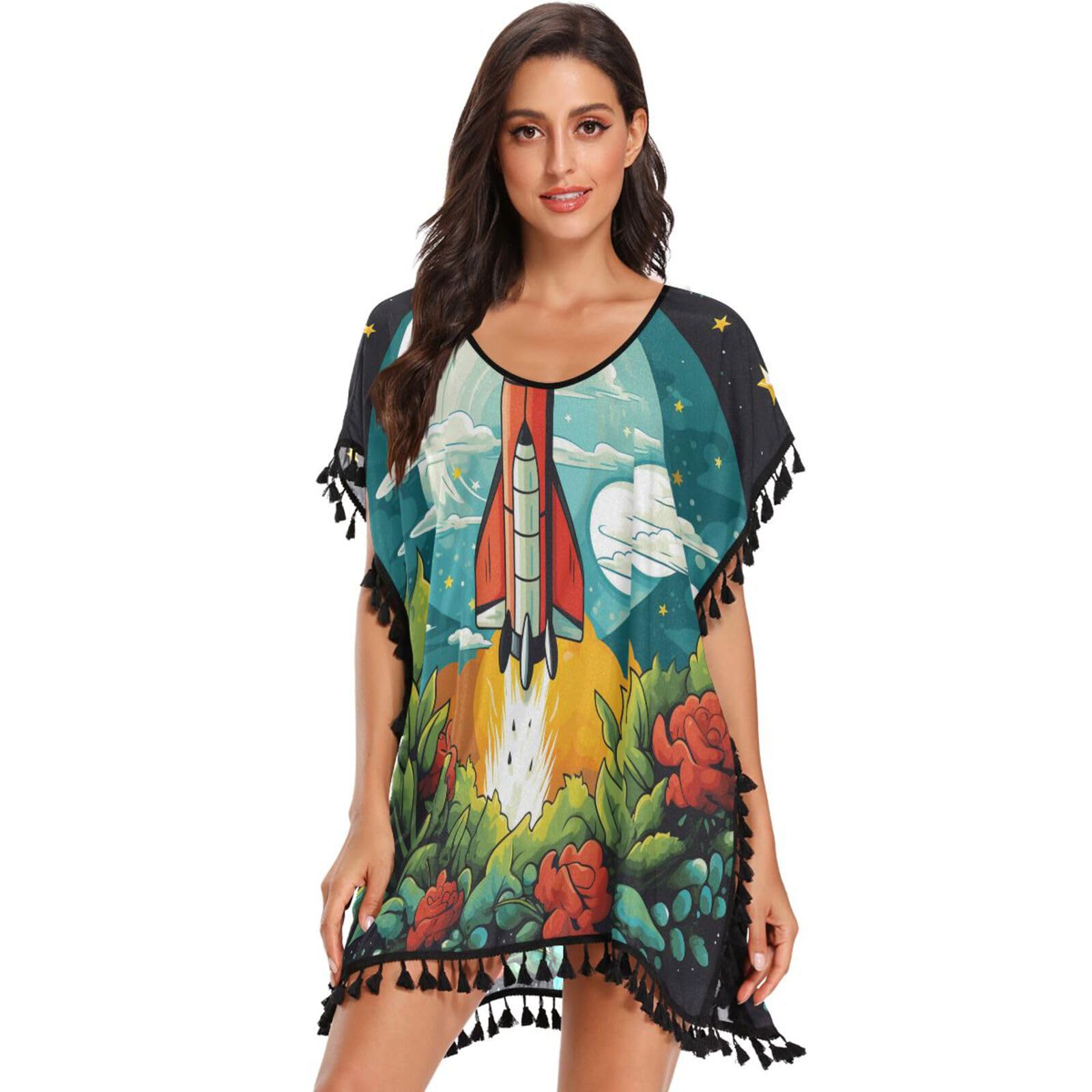Red Flower Rocket Flying Earth Women's Beach Cover Up Chiffon Tassel Swimwear Swimsuit Coverups for Girl