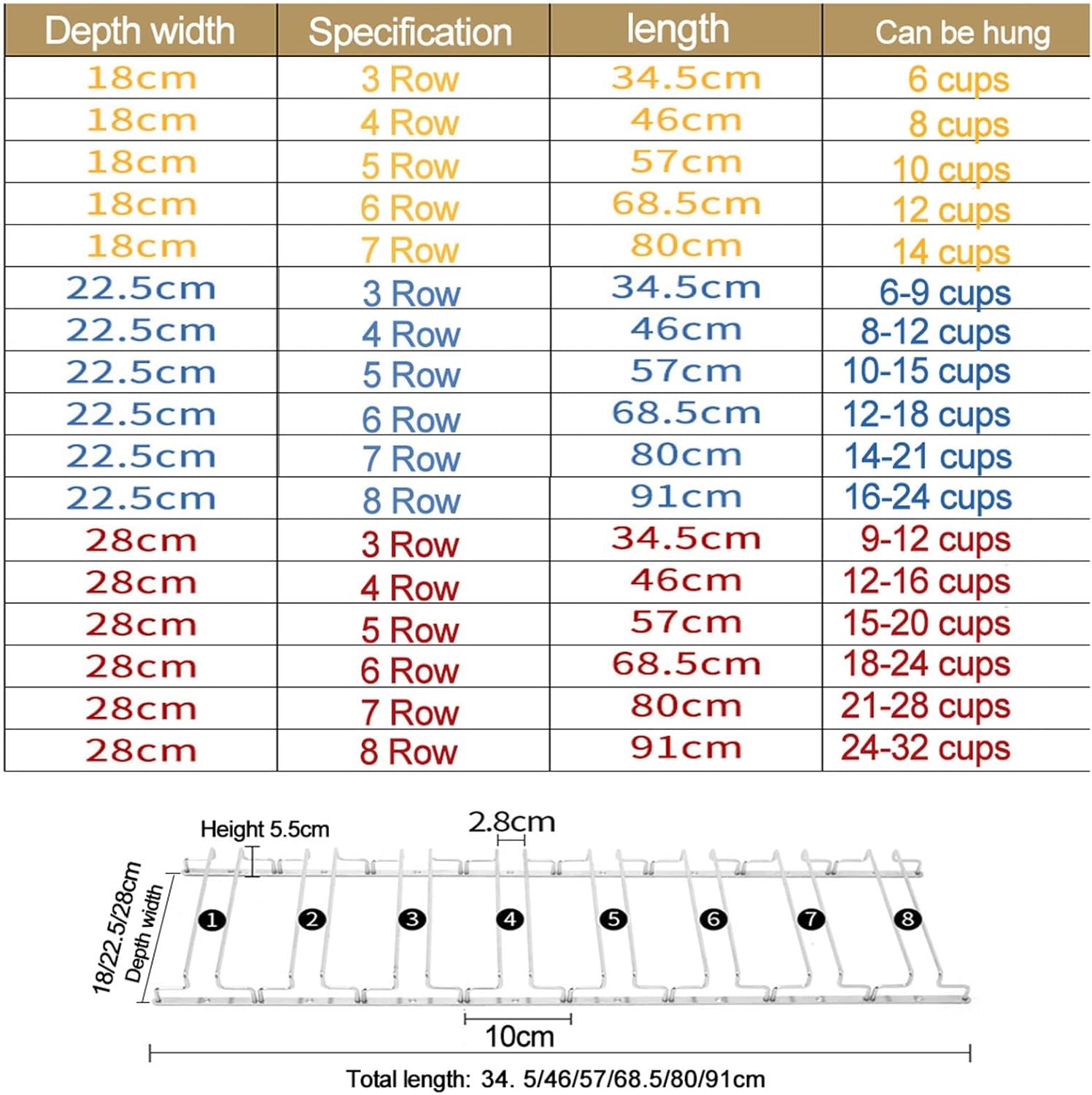 Under Cabinet Wine Glass Rack - 4 Row Stemware Holder Perfect for Home Bar & Cellar Space-Saving Storage Solution 22.5cm Wide Hanger for Easy Access