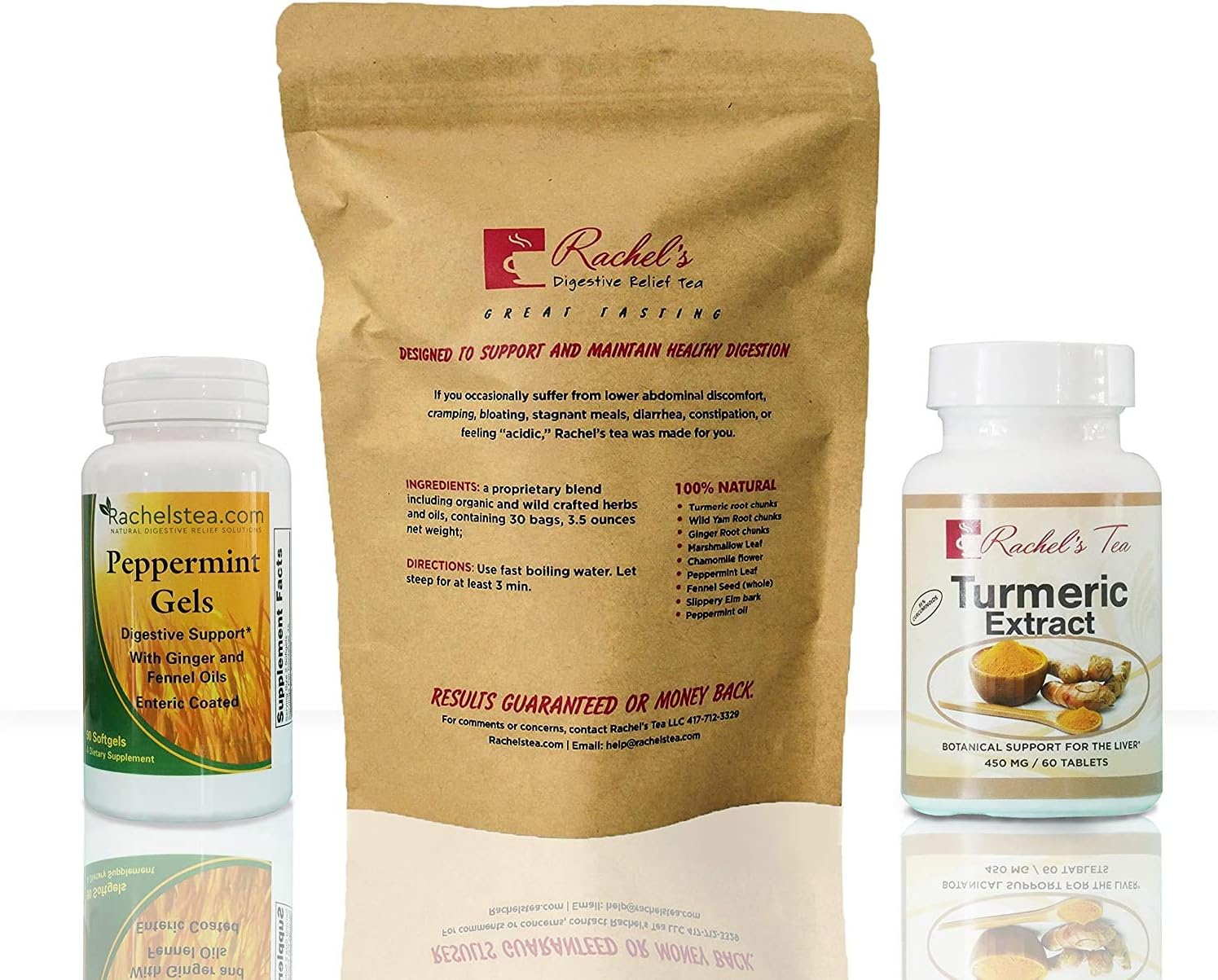 Rachel’s Digestive Relief Tea with Turmeric and curcuminoid and Bioperene for absorption soothes digestion, designed for inflammation and peppermint oil capsules bloating