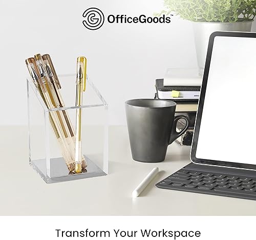 Miniatura 10 de OfficeGoods Portalápices acrílicos, diseño trapezoidal moderno, hermoso organizador de escritorio para el hogar u oficina, base de metal en