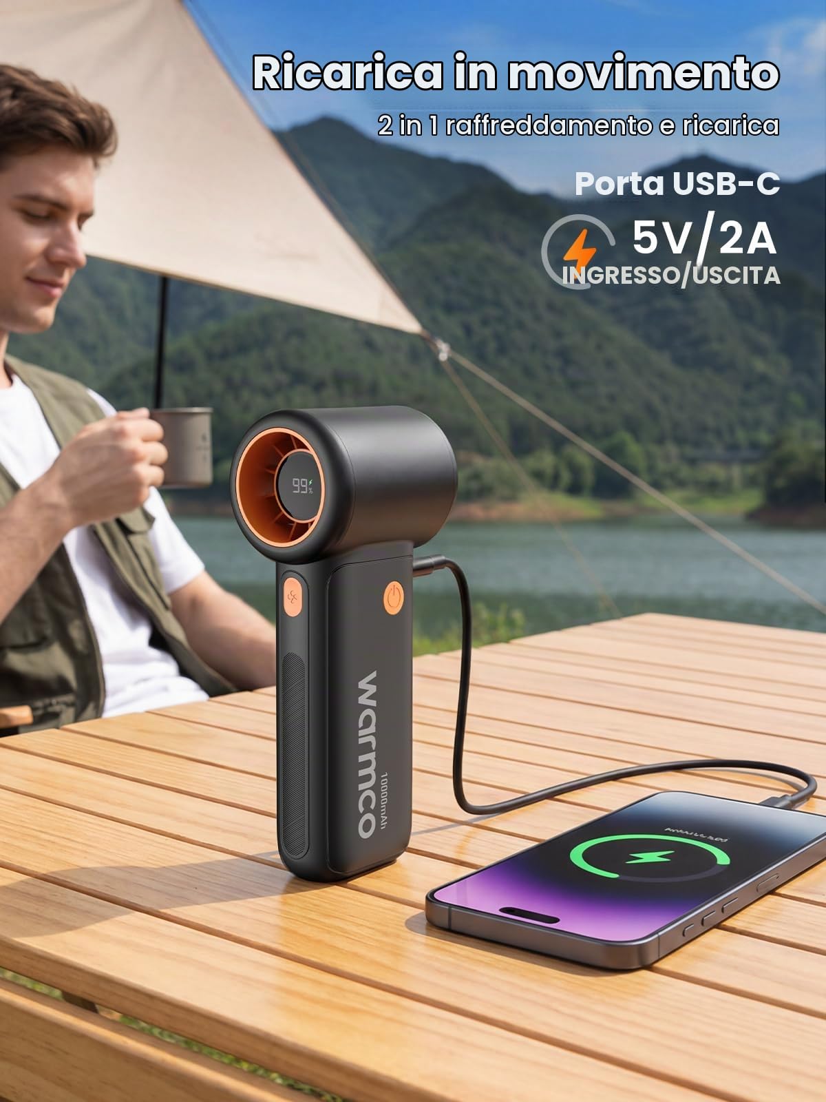 Warmco Ventilatore portatile da 10000 mAh, ventilatore turbo personale portatile con display a LED, ricaricabile tramite USB, 5 velocità, raffreddamento 36 ore, caricabatterie portatile, viaggi