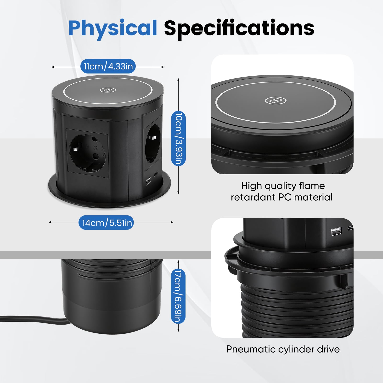 Presa Piano di Lavoro Cucina 4 Prese, 1 USB C, 1 USB A Porte, Caricabatterie Senza Fili, Presa Da Tavolo Espanotabile 3 Prese per Cucine Ufficio Camera Riunione (Nero)