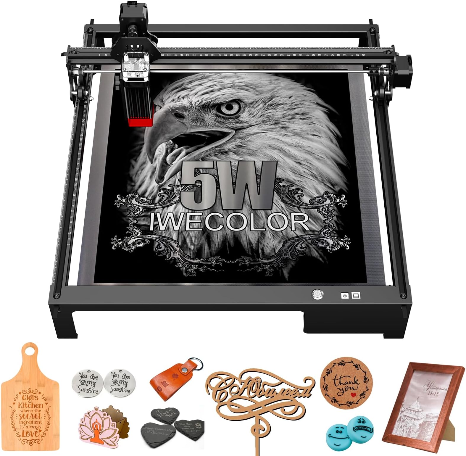 IWECOLOR 5W Laser Engraver, 60W Output Power Efficient Laser Engraving Machine, 5W Laser Cutter, CNC Machine for Wood, Metal, Paper, Acrylic, Leather