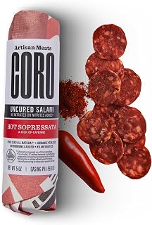 Coro Hot Sopressata Uncured Salami Stick 5oz - Spicy Cayenne Artisan Salami, Gluten-Free, No Nitrates, Ideal for Charcuterie & Gifts