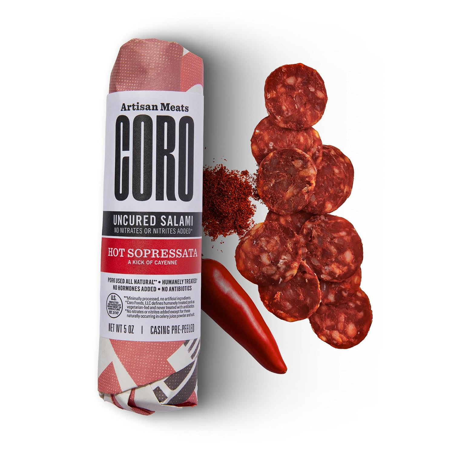 Coro Hot Sopressata Uncured Salami Stick 5oz - Spicy Cayenne Artisan Salami, Gluten-Free, No Nitrates, Ideal for Charcuterie & Gifts