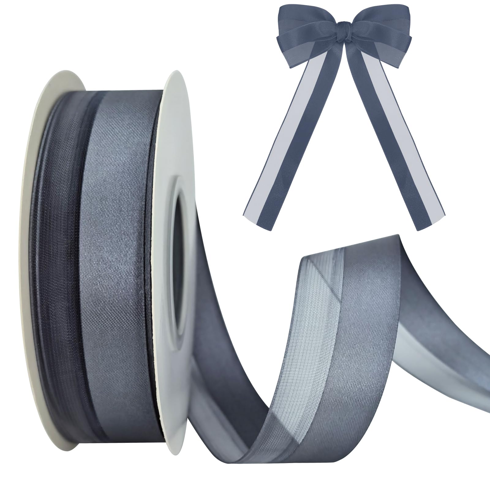 ROSTEEN Ribbons for Crafting - 25mm Organza, Chiffon, Satin Ribbons for Gift Wrapping Hair, Wedding Car, Cake Decoration (Gray)