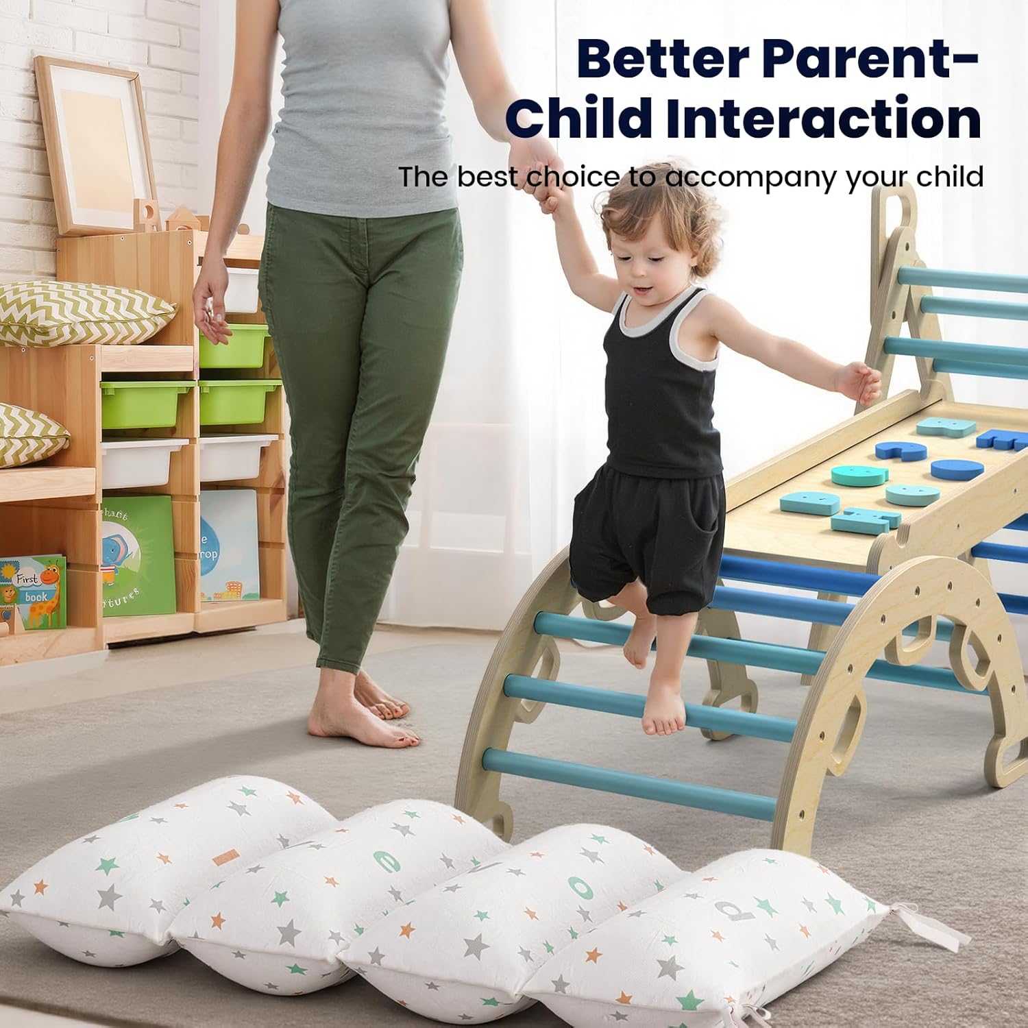 BlueWood Pikler Triangle Set with Cushion, 8-in-1 Foldable Wooden Toddler Climbing Toys Indoor Playground Jungle Gym Montessori Philosophy Climber for 2-6 Years Old, Baby, Kids (Sky Blue)