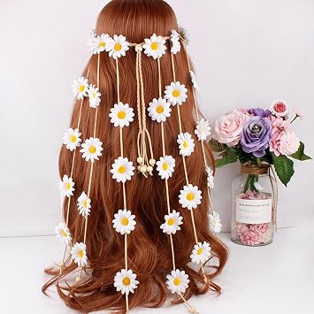 2Pcs Flower Hippie Headband Floral Crown Adjustable Summer Sunflower Hair Headwear Accessories Bohomia Feather Rope Crown Headdres for 70 s Bohemian Costumes Style (Yellow+White)