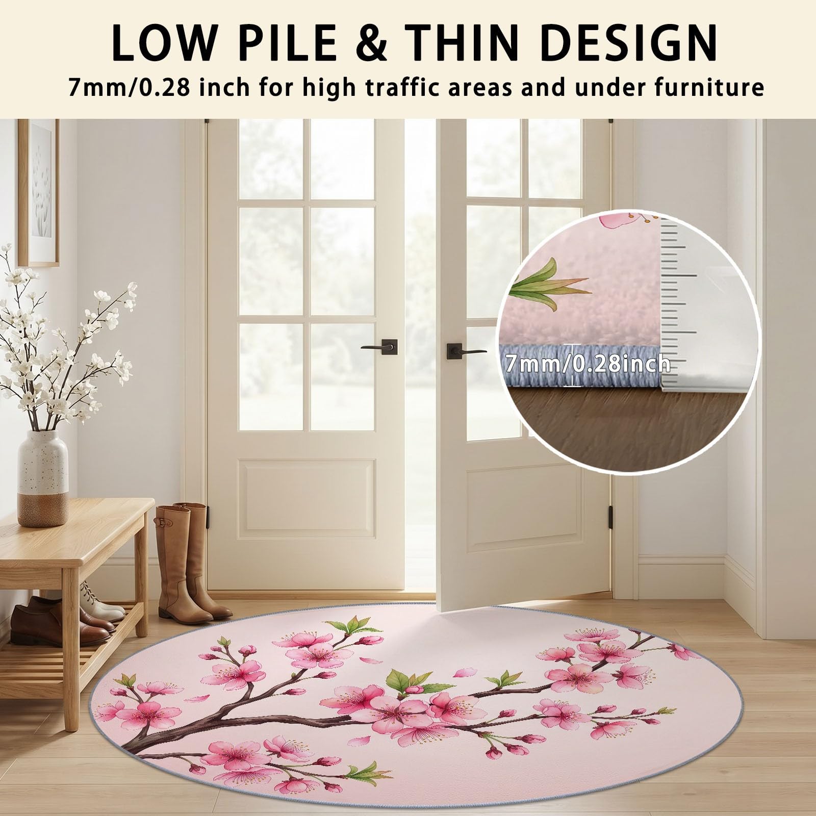 Générique Tapis Chambre Enfant Bébé Fille Garçon Rond 180 cm Plantes Et Fleurs Branches De Fleurs De Cerisier Minimalistes - Grand Doux Rampant pour Petite Chambre d'enfant Salon, Rose