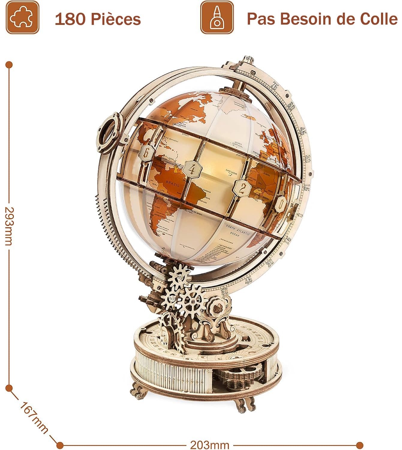 ROKR Maquette Bois Puzzle Bois 3D Globe Lumineux Adulte Construction Adulte, 180 Pièces, Luminous Globe
