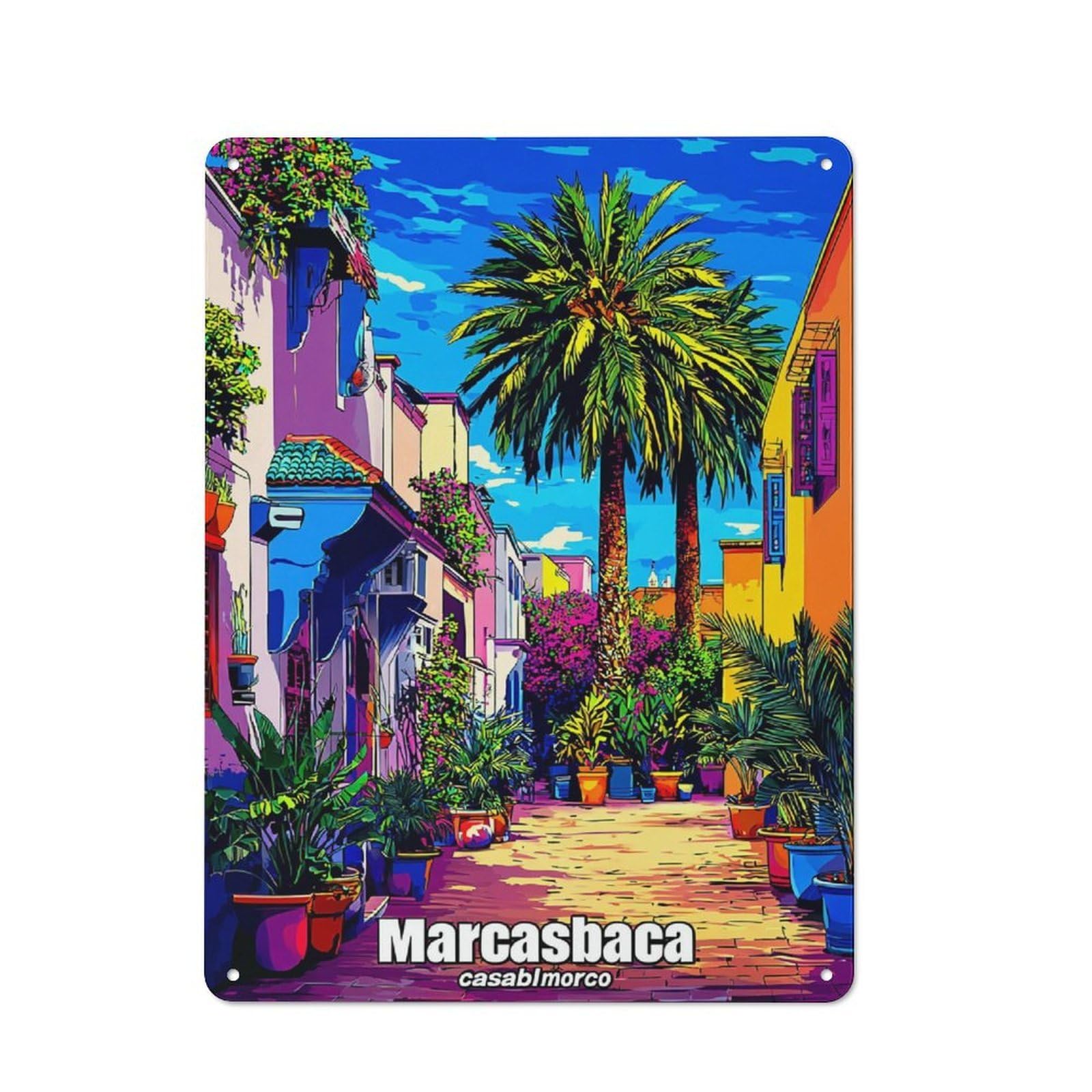 Junmoney Colorful Street Scene With Palm Trees Tin Wall Plaque 40X30cm With For Man Cave Or Games Room, For Garage, Workshop And Man Cave Decoration