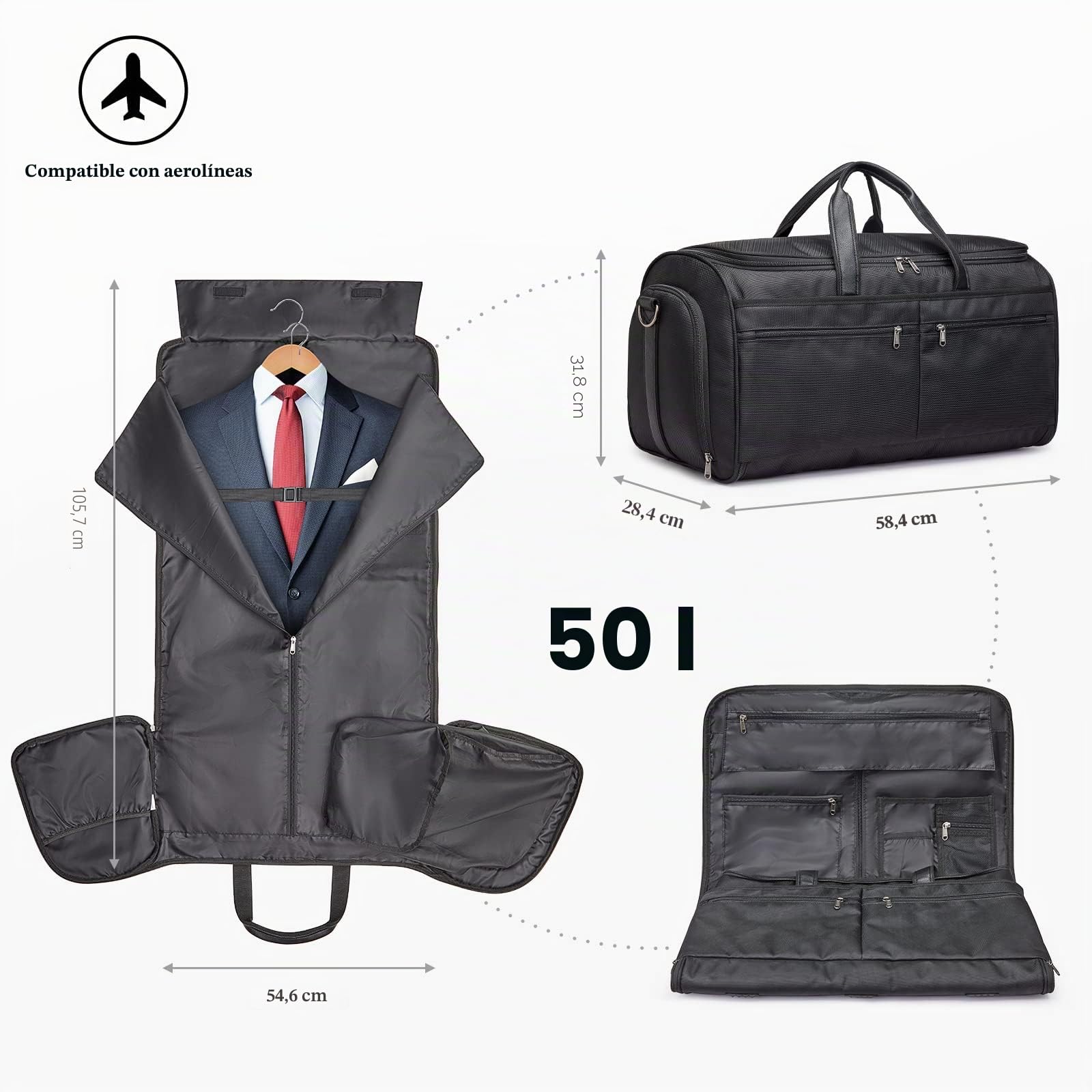 S-Zone Bolsa de Viaje Convertible de 50 litros, Bolsa de Viaje para Hombres y Mujeres, 2 en 1, Maleta Colgante para Traje de Negocios