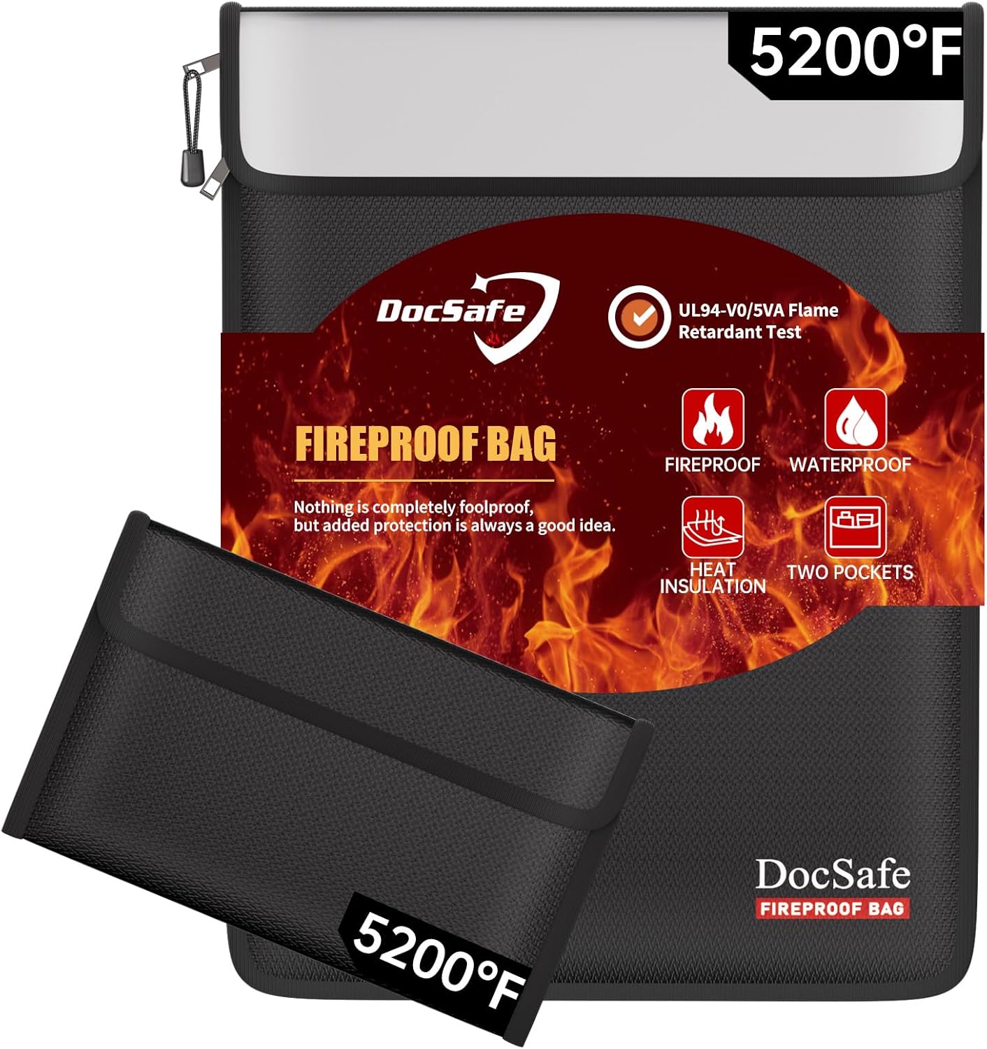 DocSafe Fireproof Document Bag (5200℉) with Fireproof Organizer Travel Case,Heat Insulated Fire＆Water Resistant 8 Layers Safe Money Bag Storage for Important Documents,Cash,Power Bank,Valuables,Black