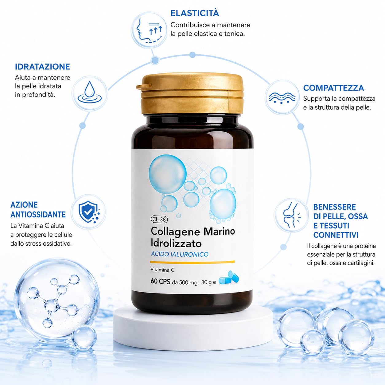 Collagene Marino Idrolizzato 240 Compresse | Acido Ialuronico, Pelle, Capelli, Unghie, Articolazioni