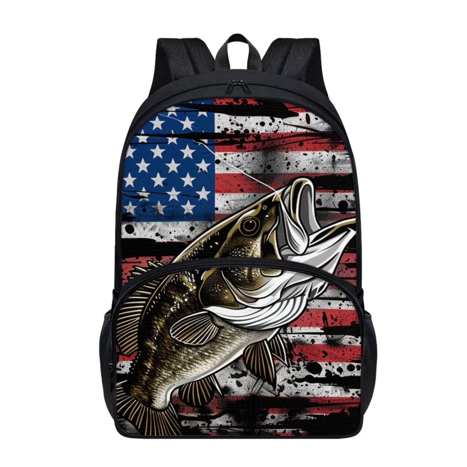 Glomenade Bass Fish US Flag Print Kid's Backpack 17 Inch Large Capacity Book Bags Portable Laptop School Bag with Side Pockets