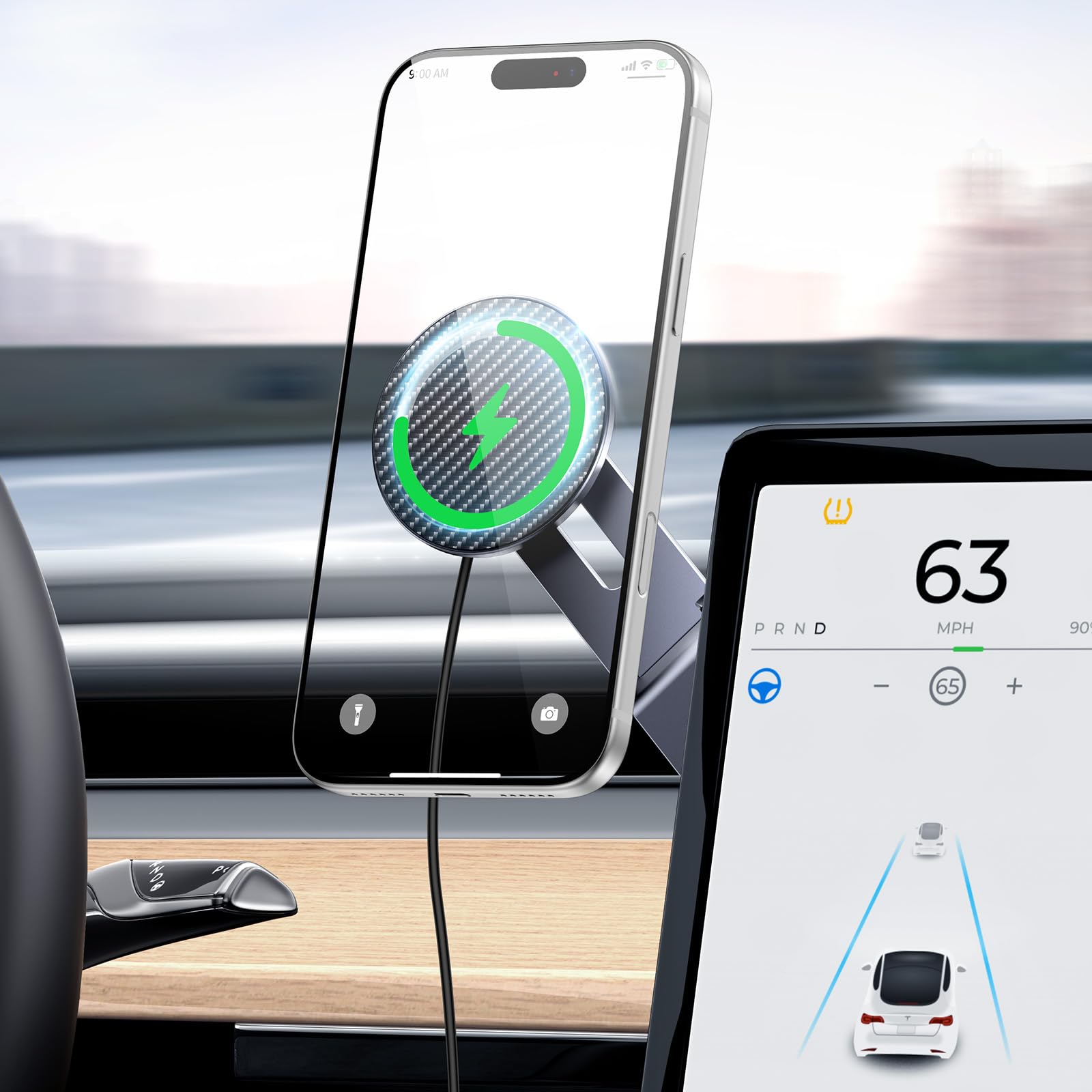 Tesla - Soporte para teléfono con carga rápida MagSafe de 15 W, soporte oculto plegable para coche para Tesla Model 3/Y/Cybertruck, soporte de pantalla giratorio de 360° con imanes N52