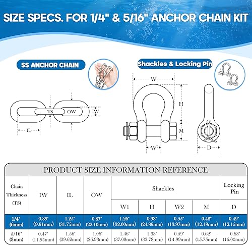 Miniatura 2 de hannger 316 Stainless Steel Anchor Chain, Marine Grade Boat Anchor Chain Kit, Heavy-Duty 14" or 516" Anchor Lead Chain w 2 Pcs Anti-Off Double