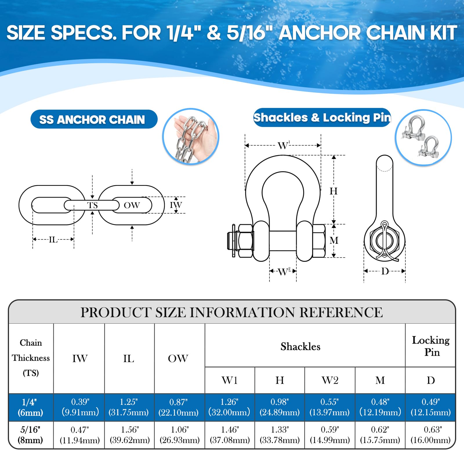 Catena di ancoraggio in acciaio inossidabile 316, kit di ancoraggio per barche di grado marino, catena di ancoraggio resistente da 6 mm o 8 mm con 2 estremità a doppio anello anti-off, per
