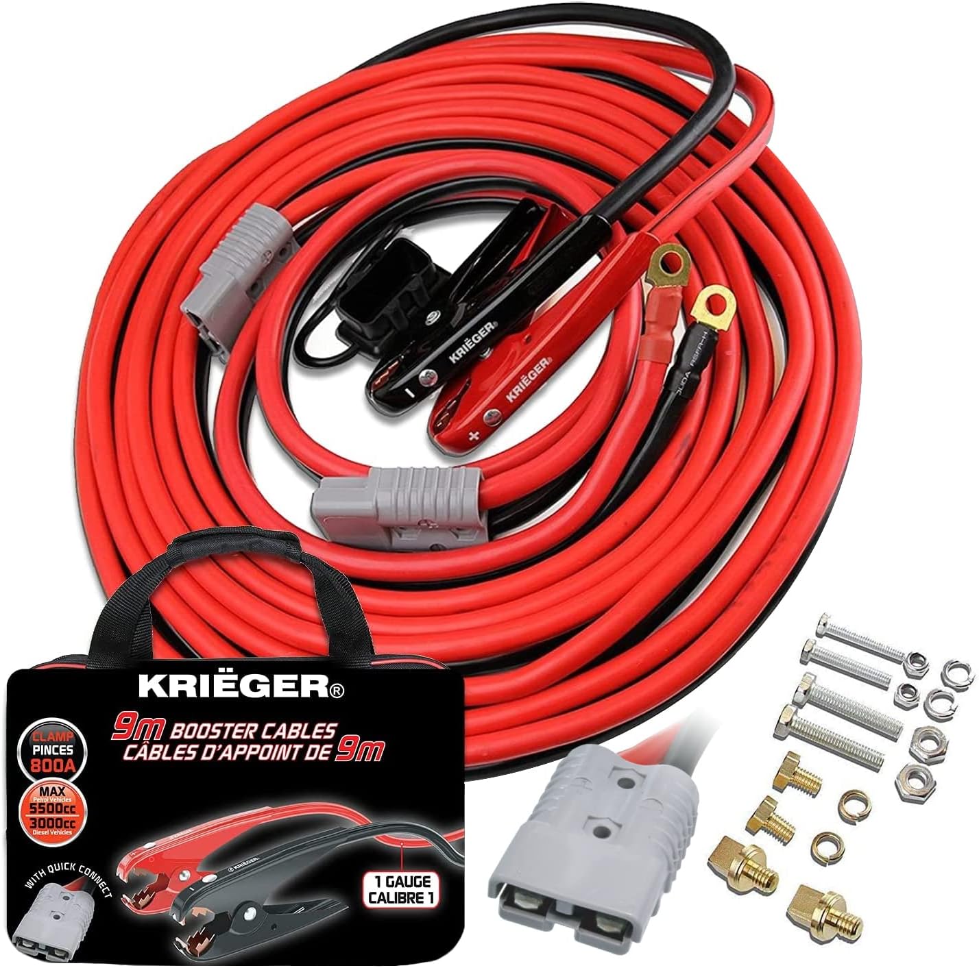 KRIEGER Jump Leads for Car Battery, 9 Meters, 50mm², 800Amp for Permanent Installation with Quick Connect Plug - 9 Mts. Booster Cables Allows to Jump Start a Battery from Behind a Vehicle