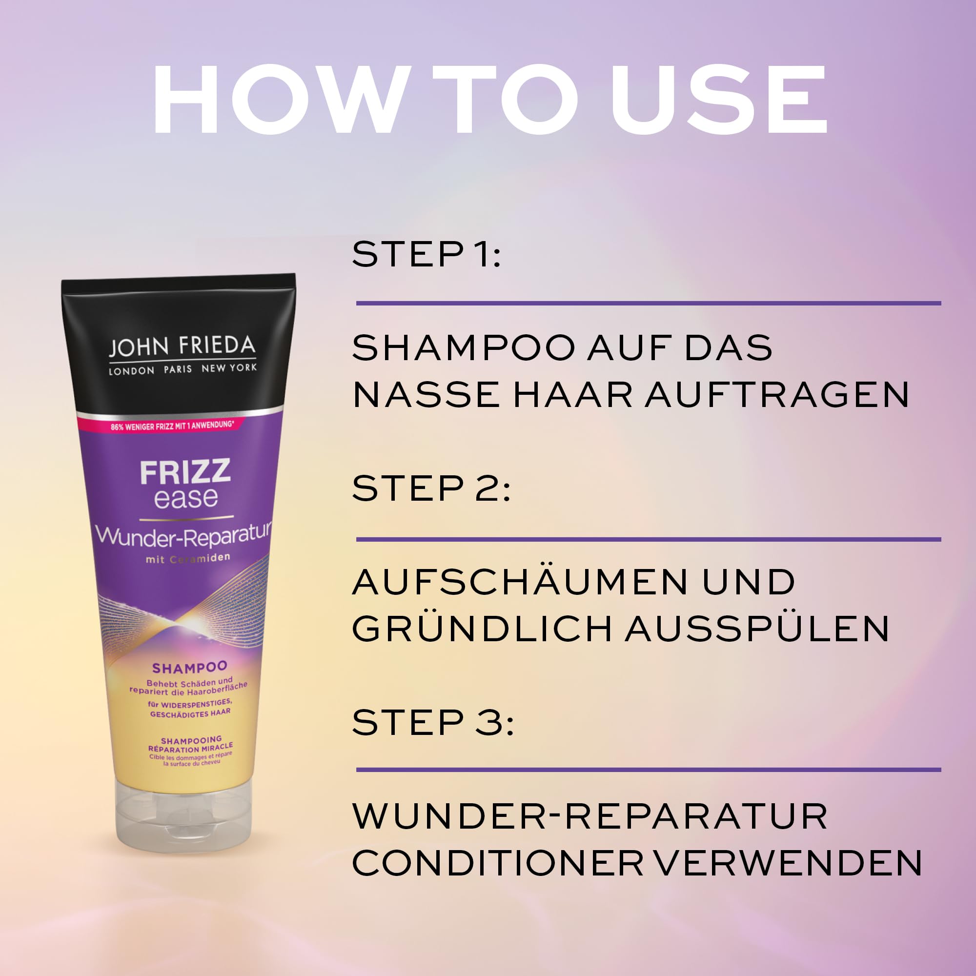 John Frieda Frizz Ease Wunder 4-częściowy zestaw naprawczy – szampon, odżywka, spray do pielęgnacji i maska na oczy MegRhythm – program dobrego samopoczucia do domu