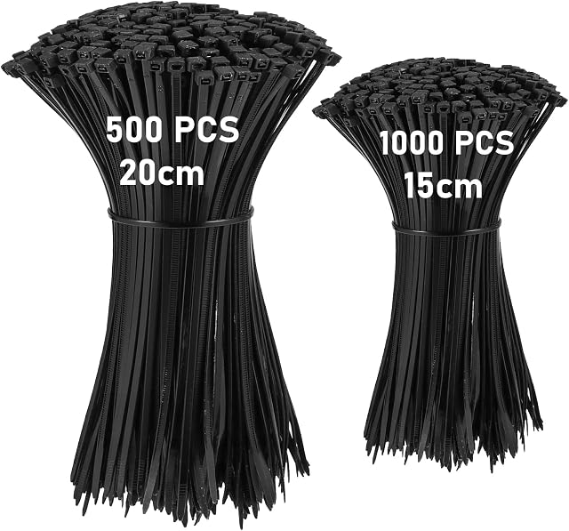 ZEONHEI 1500 PCS Black Cable Ties, 200mm 150mm Zip Ties, Heavy Duty Cable Ties Bulk Plastic Self-Locking Tie Wraps for DIY, Home Office Garden Garage and Workshop