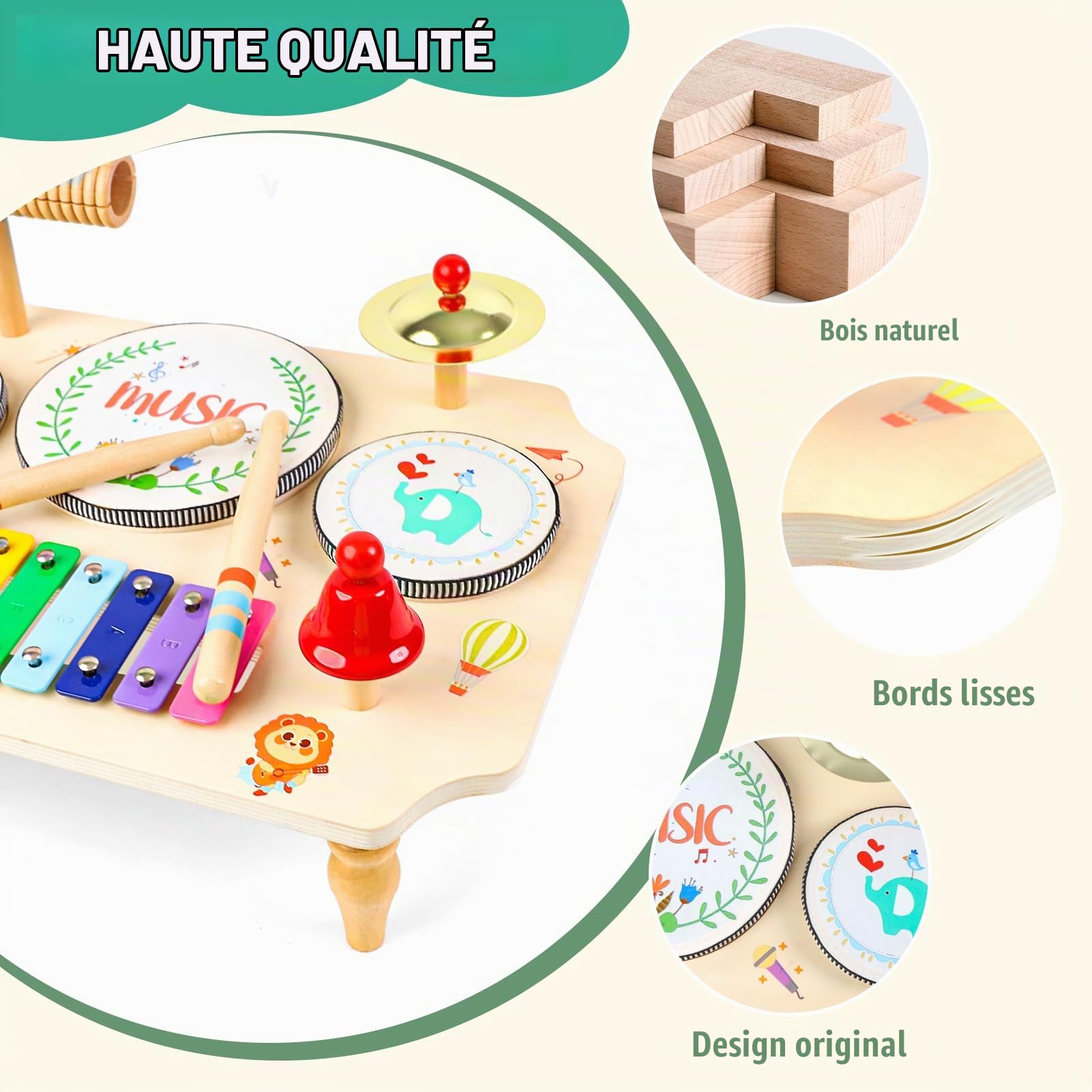 LZDMY Instruments de Musique Bébé 1 2 3 Ans Jouets Musicaux en Bois | Tambour Xylophone Triangle Batterie et Percussions pour Enfants Jouets Montessori Anniversaire Pâques Cadeau Garçon Fille