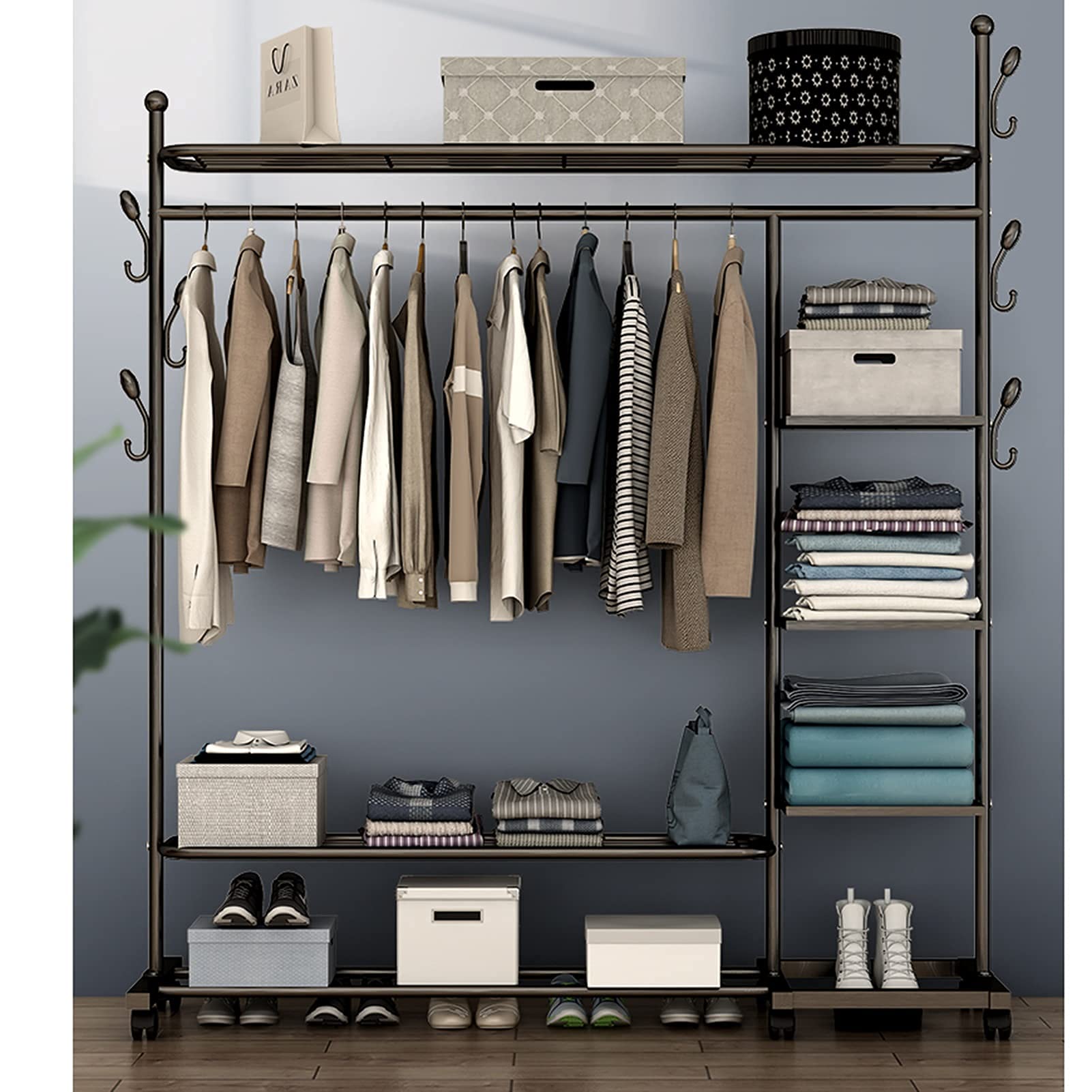 Kleiderständer Kleiderständer Hochleistungs-Kleiderstange Kleiderständer aus Metall mit Regalen und Schuhregal, rollender Aufhänger auf Rädern für gewerbliches Zuhause (Size : 150x34x160cm)