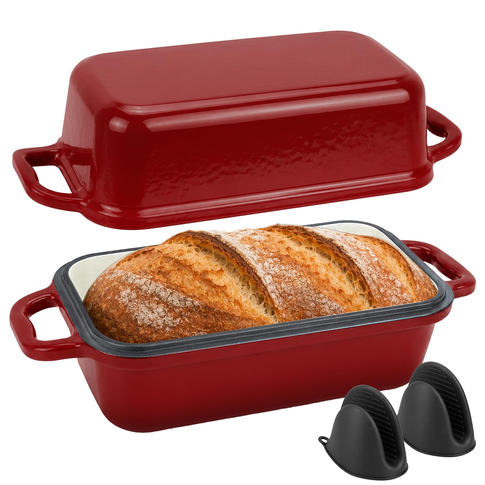 Gusseisen Brotbackform mit Deckel 2 in 1 Emailliert Brotbacktopf Dutch-Oven | 2 L Rechteckige Gusseisen Topf mit Silikon-Griffüberzügen für die Küche zum Backen zu Hause Kasten Sauerteig, Rot, 21 x 11cm