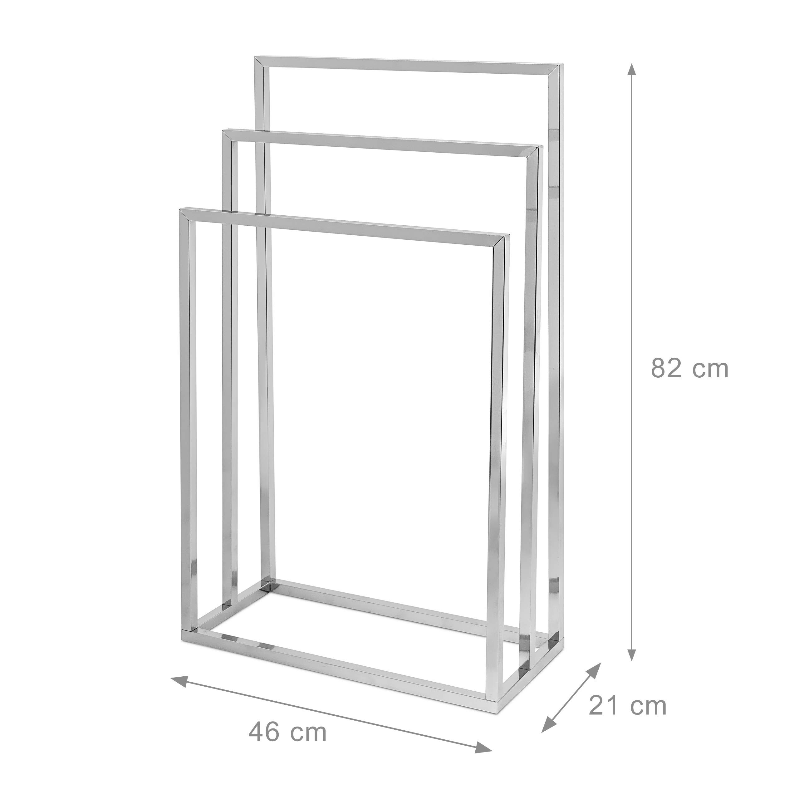 Relaxdays 10019256 Porte-serviettes sur pied avec base antidérapante 3 bras chromés en 3 hauteurs inox 82 x 46 x 21 cm support vêtement, gris argenté