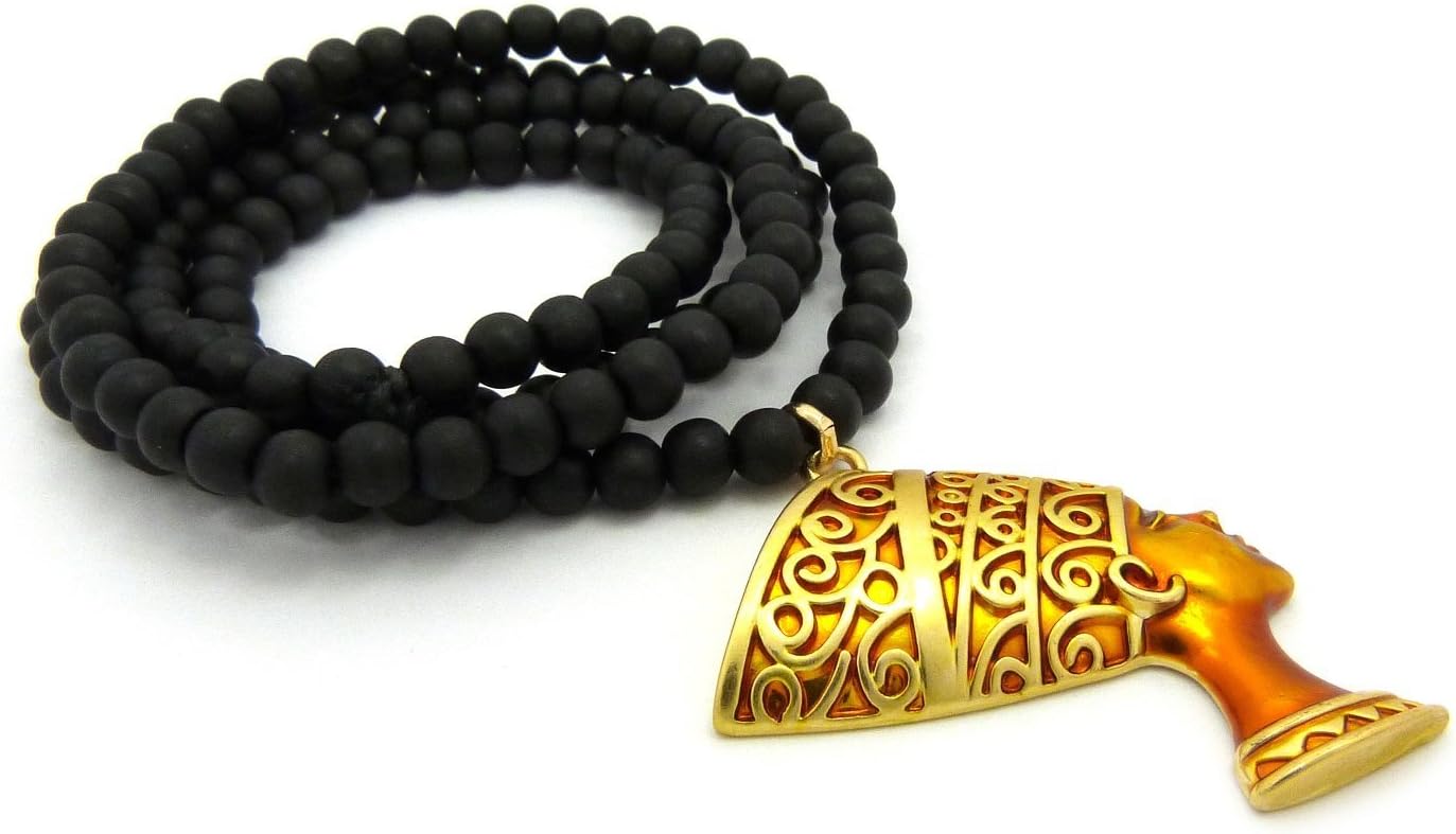 Fashion 21 Egyptian Queen Nefertiti Pendant 6mm 30 inches Wooden Bead Necklace Gold Tone 2 Colors Available