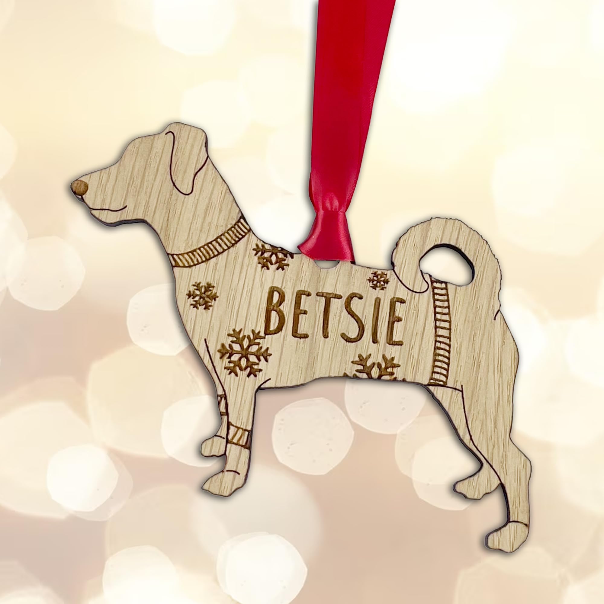 Fuzzy Cactus Wood With Red Ribbon Personalised Jack Russell Dog Christmas Tree Bauble Decoration, Wearing A Dog Jumper Design With Snowflakes, Customised Puppy Hanging Ornament, Oak Veneer