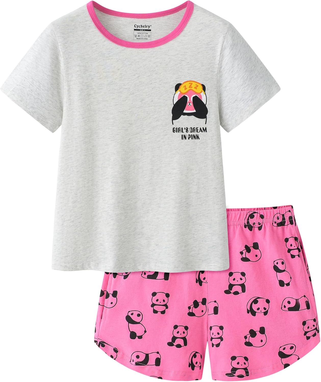 CYCHELRY Big Girls Summer Pajamas Set-Grey Pandas Short Sleeve and Pink Shorts Sleepwear Loungewear PJS Size 10