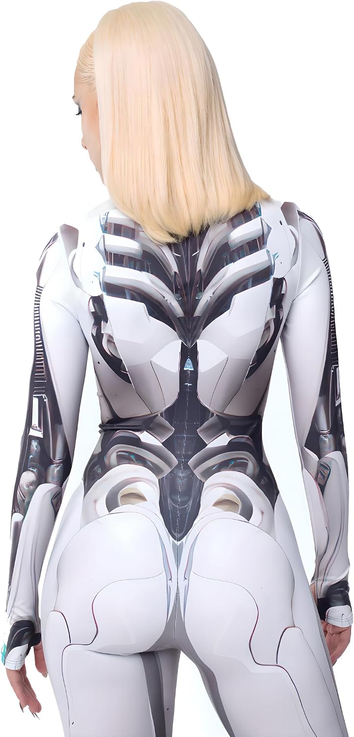 White Cyber Robot Bodysuit for Women Futuristic Mech Design Full Body Suit Stretchy Cosplay Outfit