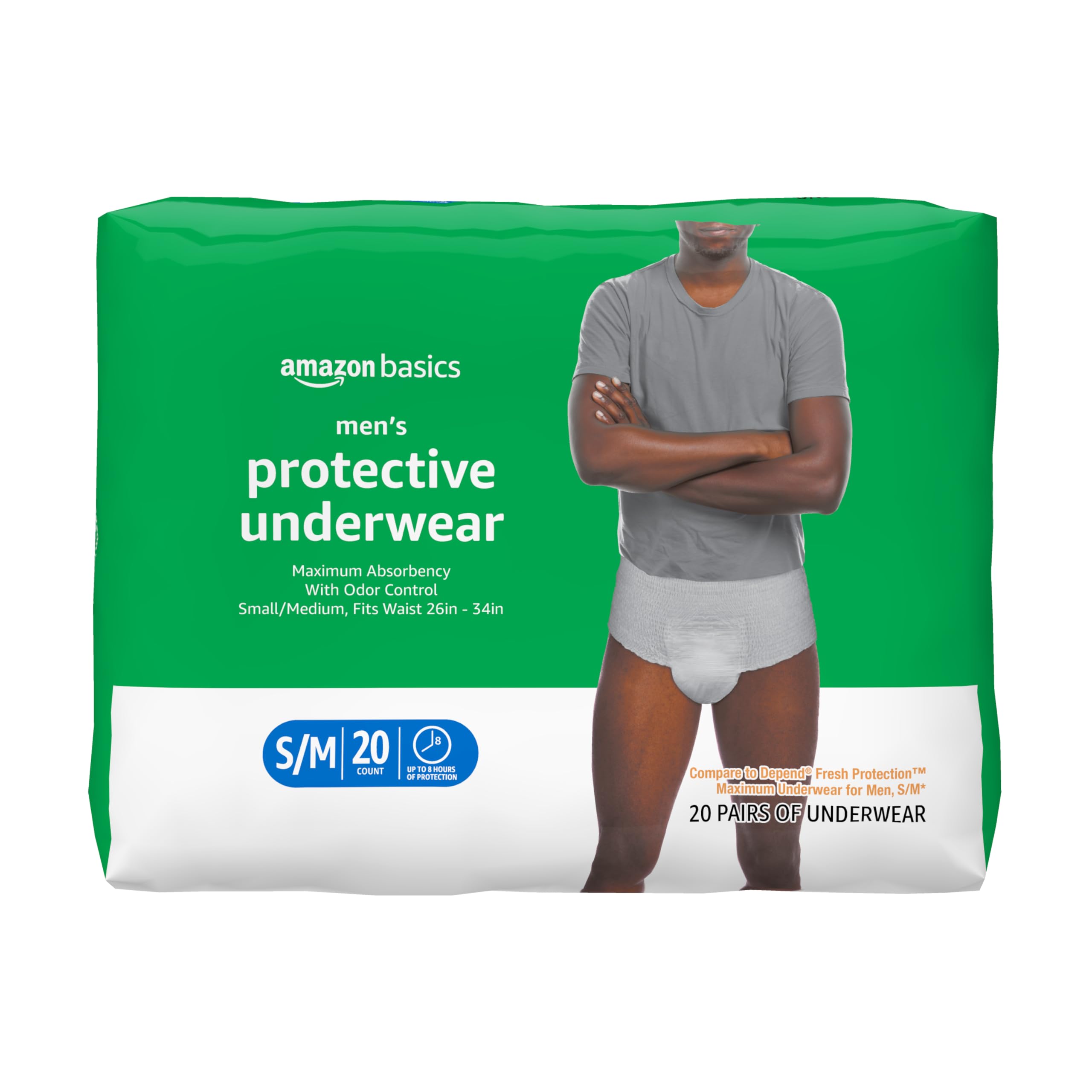 Amazon Basics Incontinence Underwear for Men, Maximum Absorbency, Small/Medium, 20 Count (1 Pack)