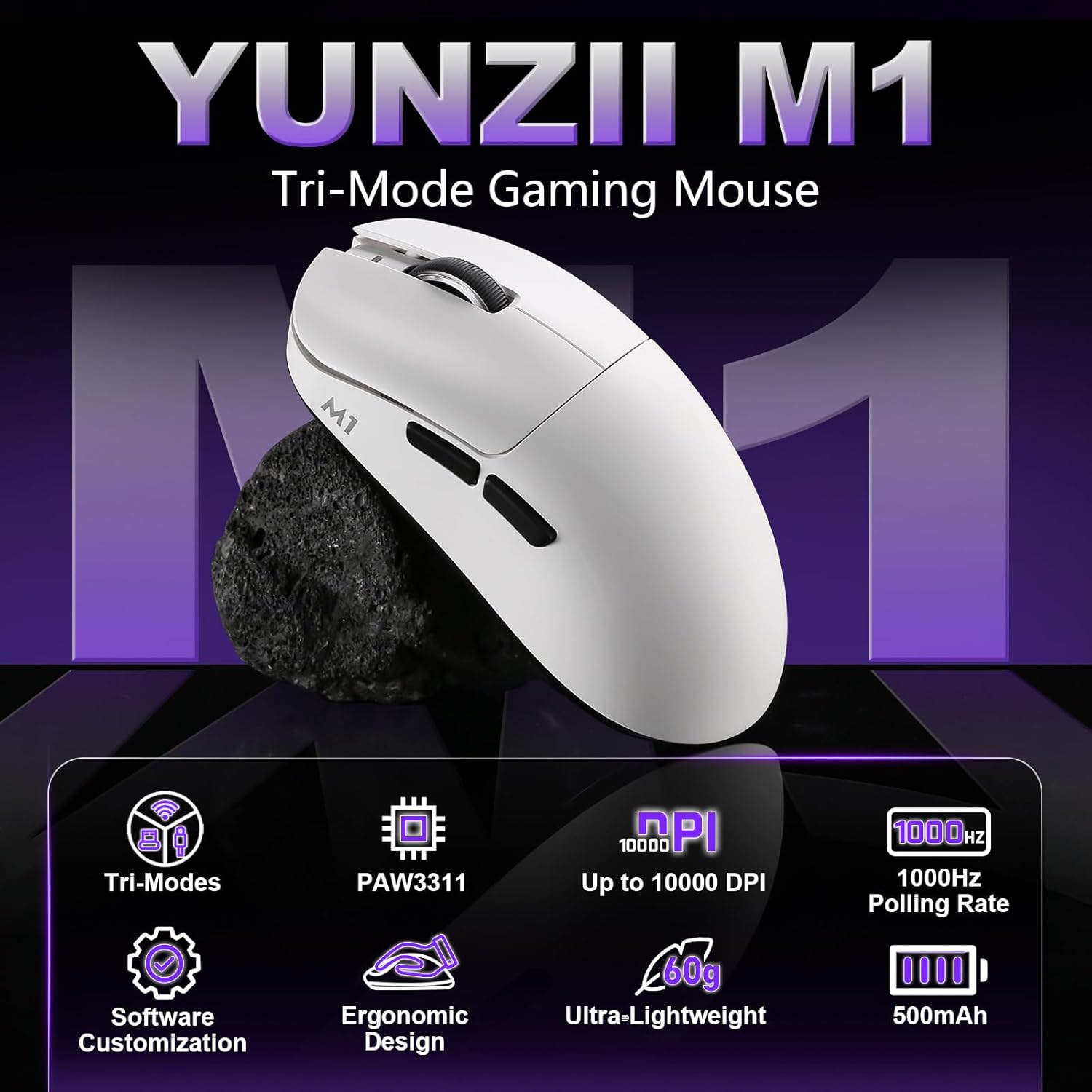 YUNZII M1 Wireless Gaming Mouse, Tri-Mode 2.4G/BT/Wired Gaming Mouse, PAW3311 Sensor 10000 DPI Rechargeable Wireless Mouse with 5 Programmable Buttons, Customizable via Software for Win & Mac (White)