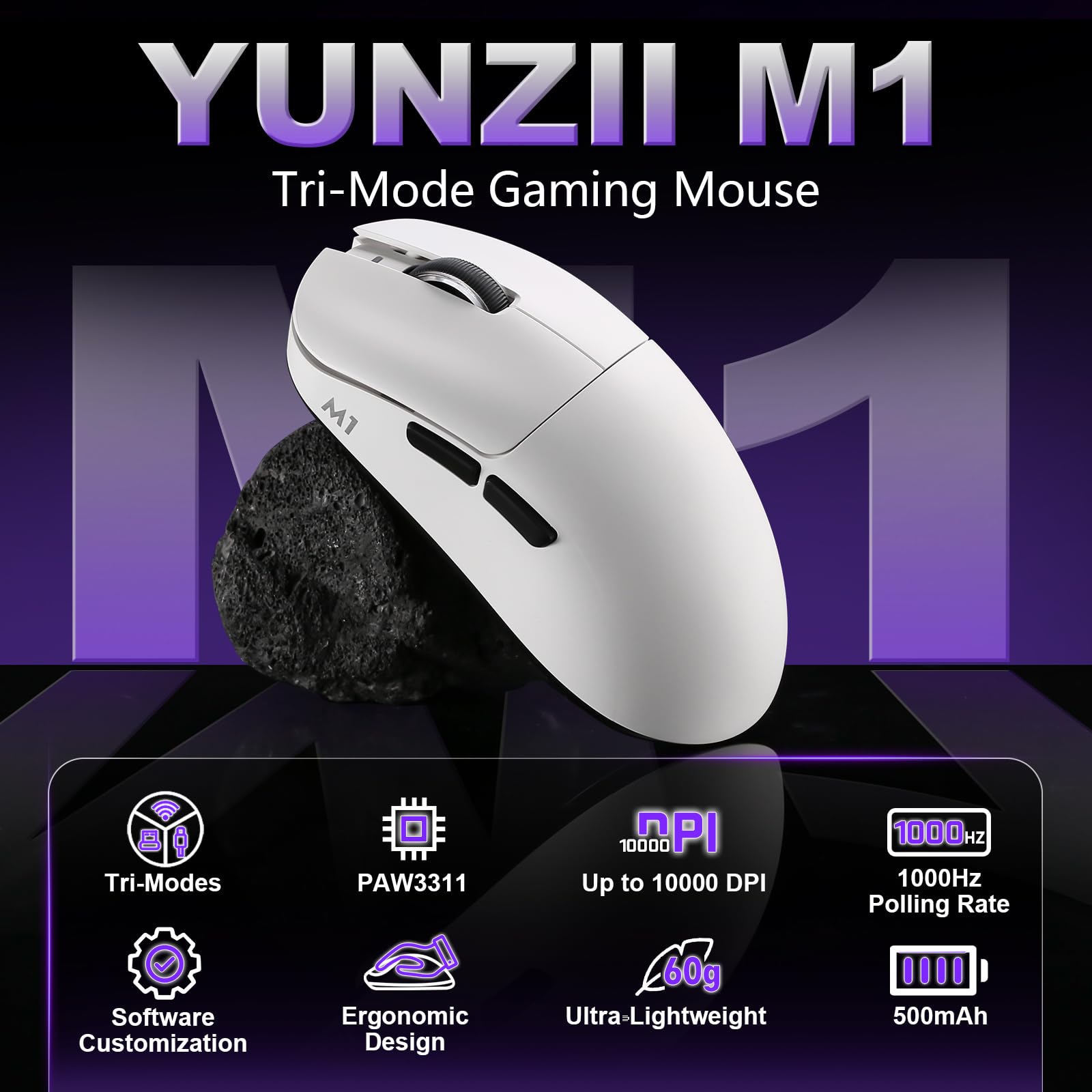 YUNZII M1 Kabellose Gaming-Maus, BT/2.4G Wireless/Wired Ultralight Mouse, PAW3311-Sensor 10000 DPI, Wiederaufladbare Kabellose Maus mit 5 Programmierbaren Tasten, über Software für Windows (Weiß) - 3