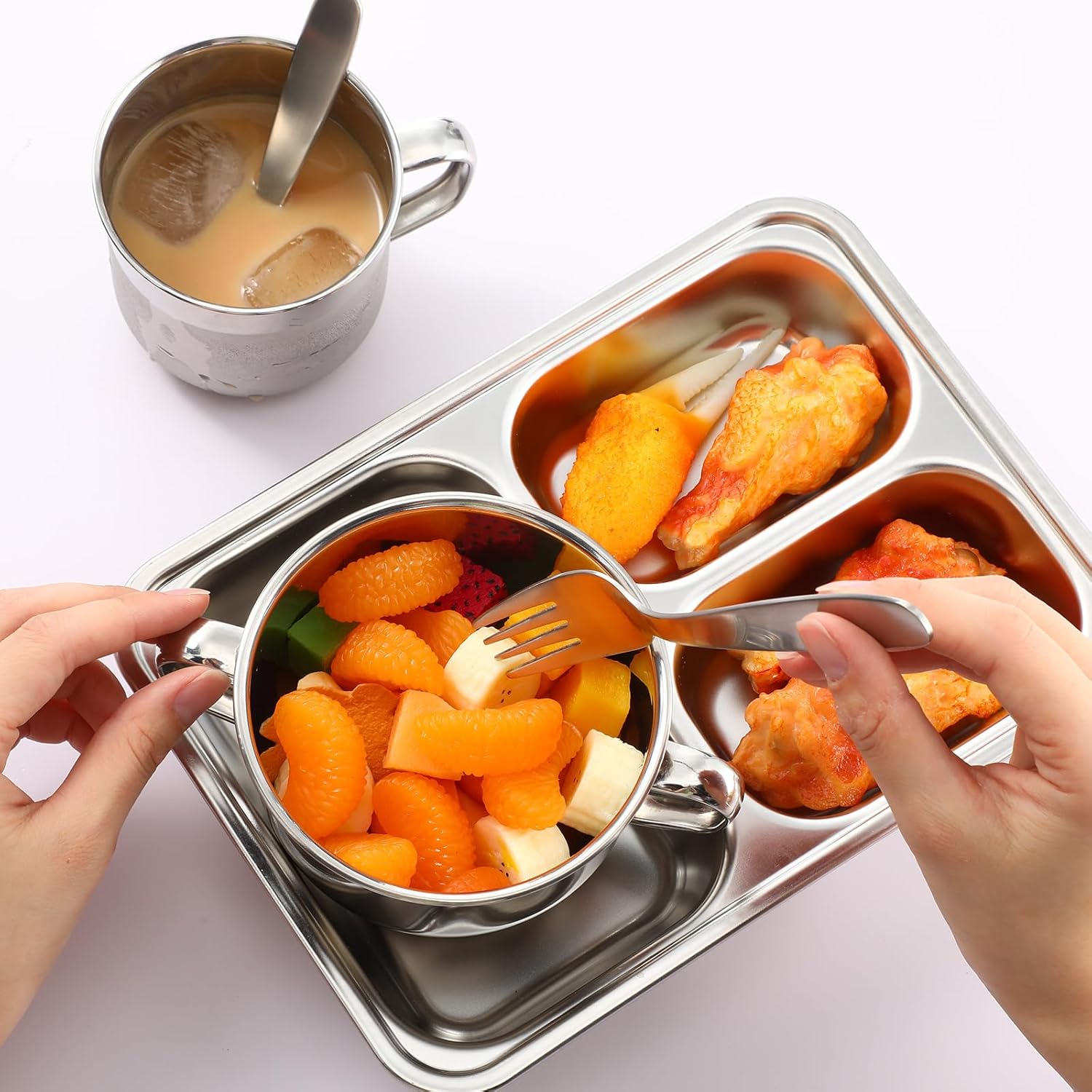 Tioncy 15 Pcs Stainless Steel Kids Dinnerware Set Stainless Steel Toddler Plates and Bowls Set Divided Plates Cups Bowls Forks and Spoons 3 Compartment Dinner Dish for Babies Toddlers and Kids