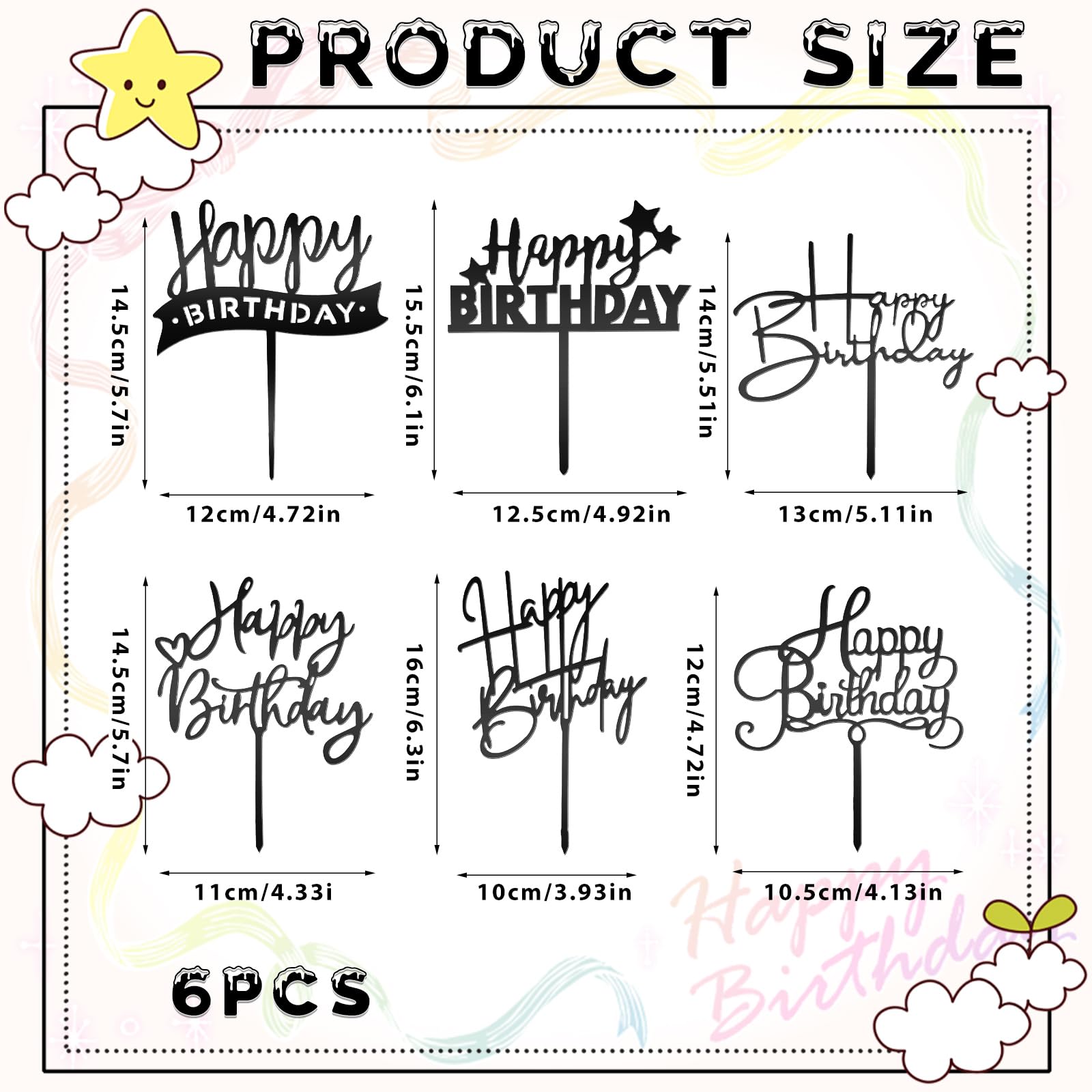 Tyqour Taartdecoratie met Happy Birthday, acryl, zwart, Happy Birthday, taarttopper, Happy Birthday, taartdecoratie, taarttopper voor mannen, vrouwen, jongens en meisjes