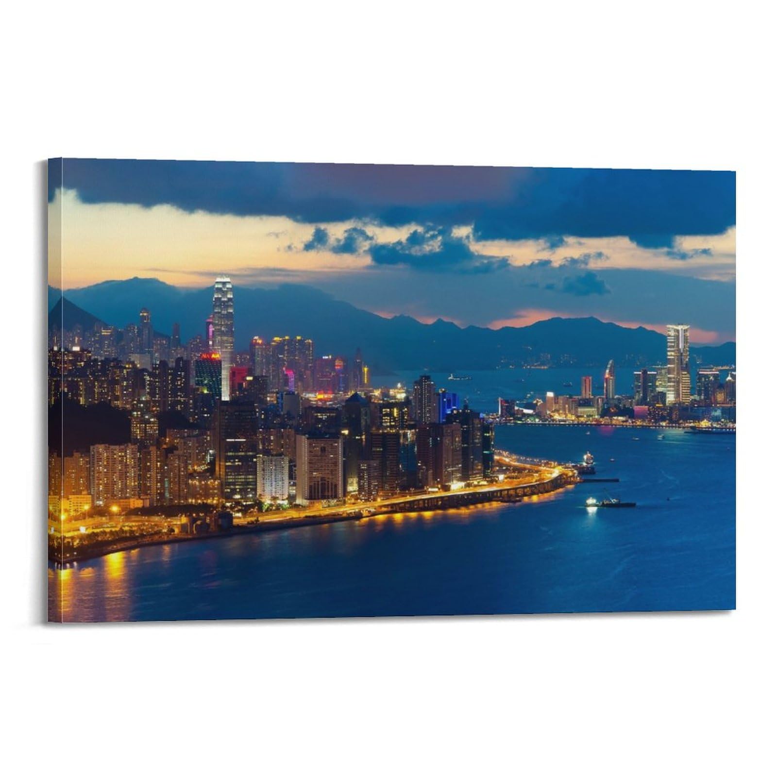 Kytin Frame-Style City Landscape Poster China Hong Kong Victoria Harbour Decorative Painting Canvas 12X18inch(30X45cm)