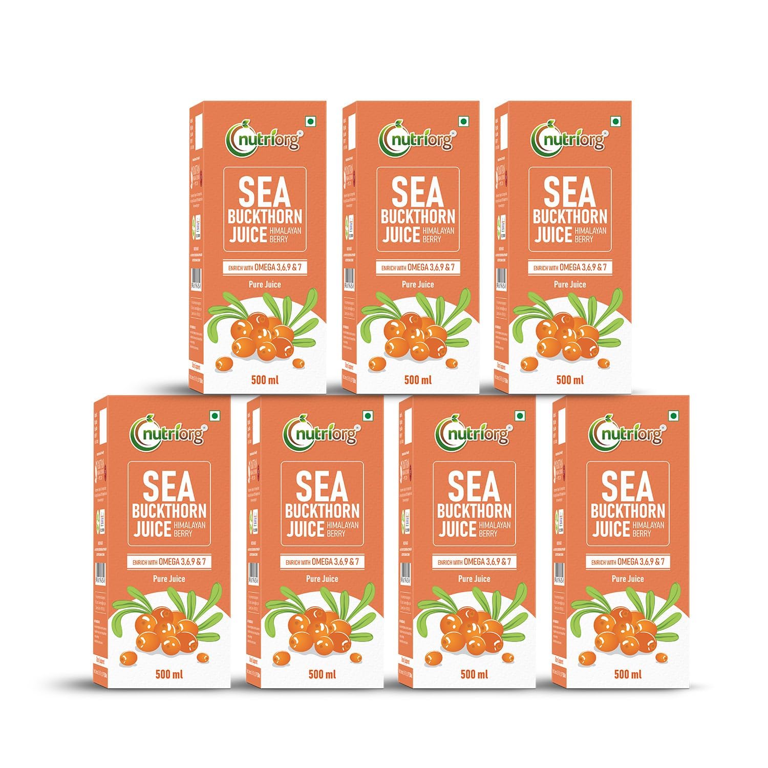 NutriOrg Pure Sea Buckthorn Juice 3.5L (Pk of 7 * 500) | 100% Himalayan Berry Pulp | Omega 3,6,7,9 & Vitamin C | Best for Immunity & Antioxidant Rich | No Added Sugar & Colour