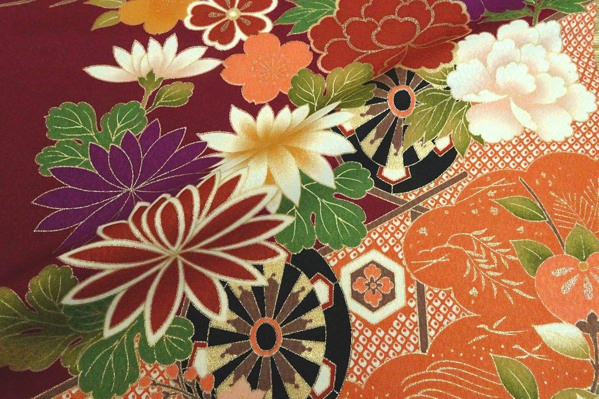 Amazon | 京・金彩友禅 車文に橘菊牡丹 生地巾35cm×長さ162cm単位  