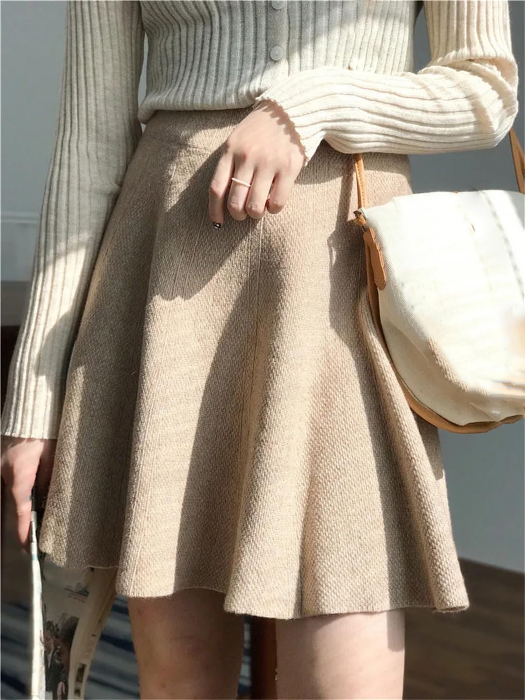 Lmtossey Minigonne invernali a maglia da donna a vita alta gonna plissettata