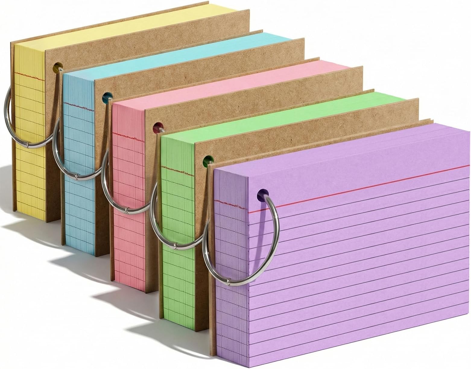 A7 Flash Cards with Ring, 400PCS Ruled Index Cards 10.5 × 7.4 cm, 5 Colour Double-Sided Revision Flashcards with Kraft Covers for School, Office & Home Study