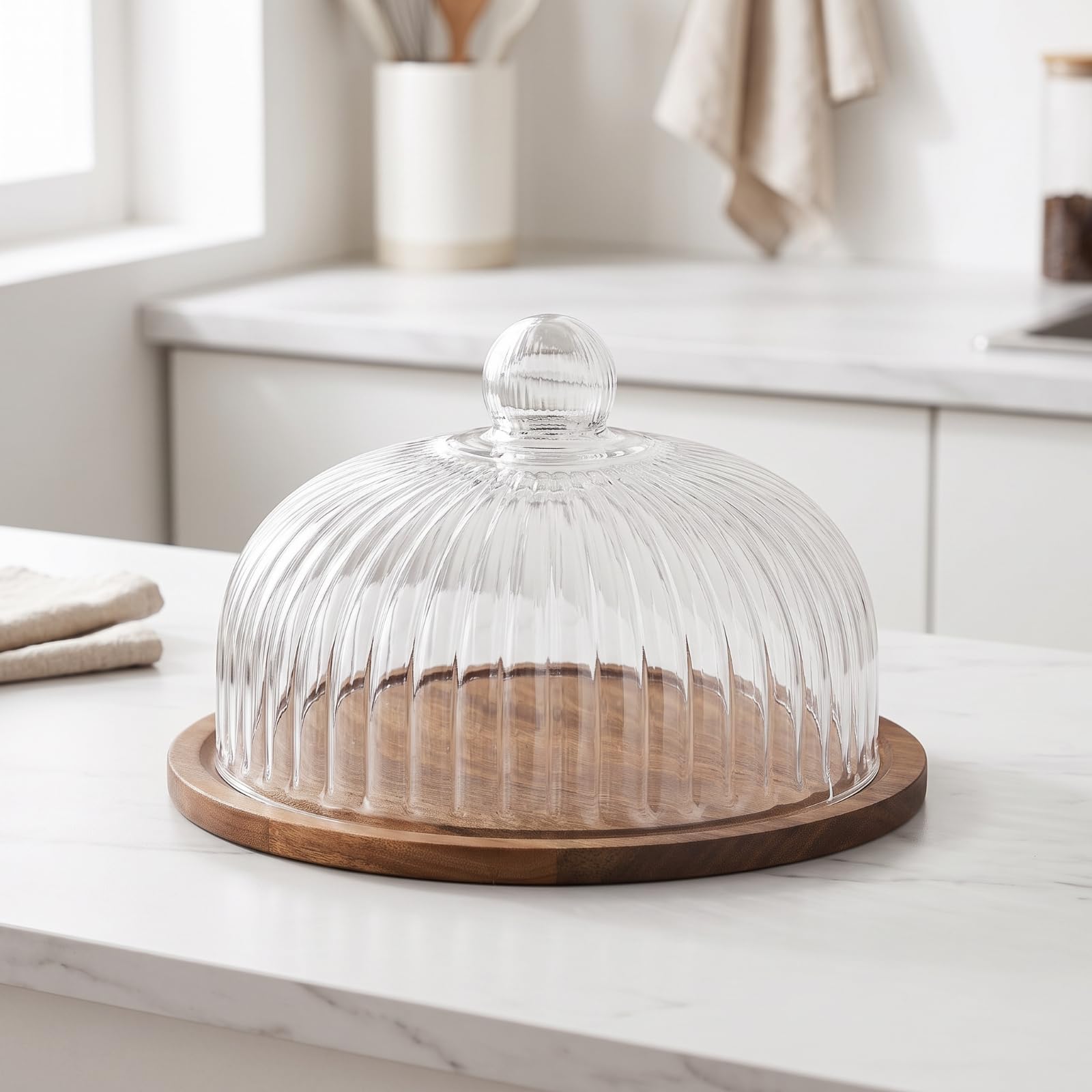 Klar Kuchenplatte mit haube, Große Größe, Akazienholztablett Mit 26-cm-Glasg