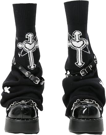 Micotaku Womens Gothic Punk Y2K Cross Style Knit Long Leg Warmers Loose High Socks with PU Leather Straps