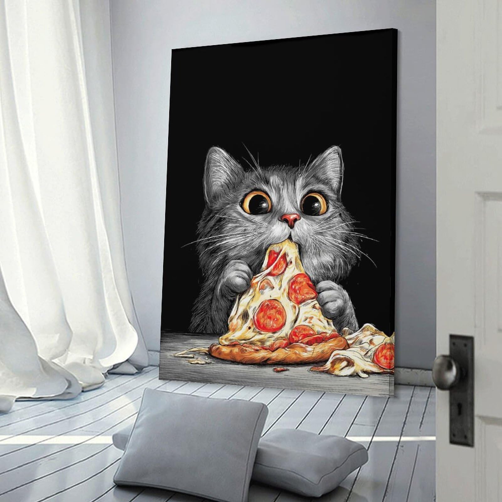 Junmoney Cat Eating Pizza Slice Illustration Decorative Wall Artwork, 12x18inch(30x45cm), for Corridors, Hallways Or Apartment Entries, Home Artwork for First Impressions